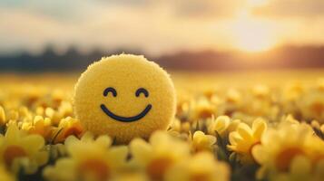Yellow Smiley Face in Field Flowers Radiates Joy and Sunshine Mood, Nature's Embrace photo