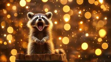 Screaming Raccoon, Wild Animal Enjoys Excitement against Golden Bokeh Lights Backdrop, Standing Tall photo
