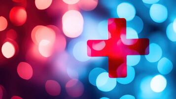 Bright Red Plus Sign Symbol on Bokeh Lights Backdrop, Health Positive Background photo