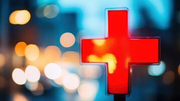 Illuminated Red Cross Symbol against Blurred City Lights, Modern Medical Sign photo