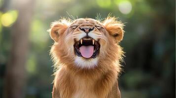 Yawning Lion Cub Portrait, Adorable Young Lion Shows Teeth in Playful Display, Moment of Feline Fun photo