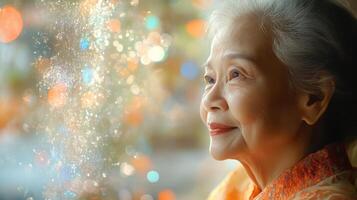Graceful Woman Contemplation, Bokeh Lights Reflections, Serene Senior Portrait photo
