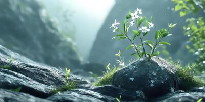 White Flowers on Rock. Serene Nature Scene with Soft Light and Green Leaves photo