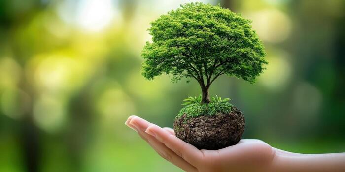 mano participación tierra con verde árbol. nutriendo ambiente y crecimiento para futuro foto