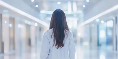 Healthcare Professional Back View Walking Inside Hospital Clinic Building Complex photo