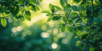 Green Leaves and Sunlight. Natural Bokeh Background for Serene and Relaxing Calm Atmosphere photo