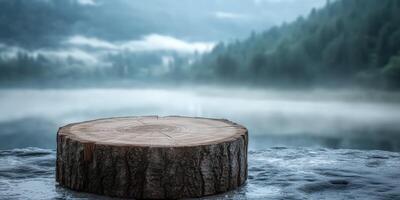 Tranquil Lake View. Wood Trunk Slice on Lakeside Rock for Product Display in Nature photo