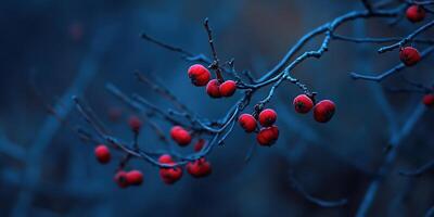 Red Berries on Branch. Enchanting Winter Beauty with Deep Blue Hues, Peaceful Nature Scene photo