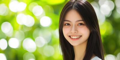 Smiling Girl with Dark Hair against Bokeh Green Background, Cheerful Expression photo