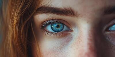 Close-up Beautiful Blue Eye Details with Red Hair and Freckles, Captivating Gaze photo
