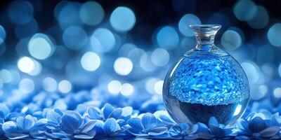 Blue Glass Water Container Surrounded by Flowers with Dreamy Blue Light Bokeh photo