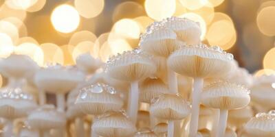 Enchanted Mushrooms with Water Droplets Glowing in Morning Light photo