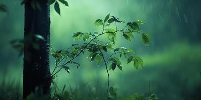 Rainy Greenery. Refreshing Raindrops on Green Leaves and Tree in Nature's Gentle Embrace photo