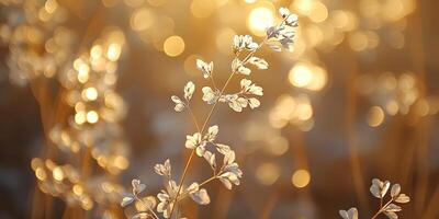 Golden Leafy Branch Against Bokeh Backdrop. Dreamy Nature Scene, Serene Golden Hour Sunlight photo