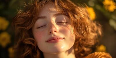 Dreamy Girl with Freckles Enjoying Warm Light, Closed Eyes, and Gentle Smile photo