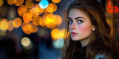 Portrait Girl With Blue Eyes and Freckles Against Bokeh Light Background Night City photo