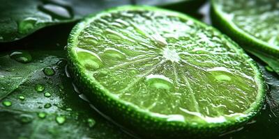 Sliced Lime Refreshment. Vibrant Citrus with Water Droplets on Lush Green Leaves photo