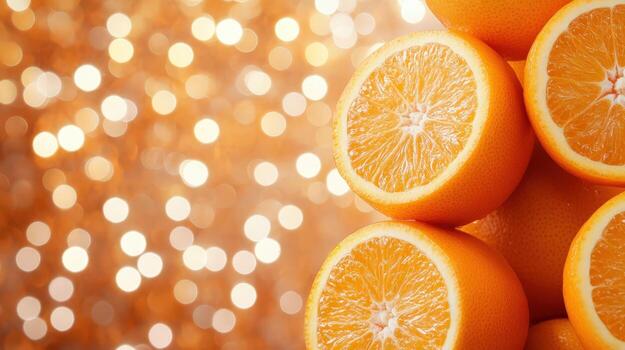 Fresh Orange Slices on Sparkling Background. Citrus Radiance and Zesty Flavor photo