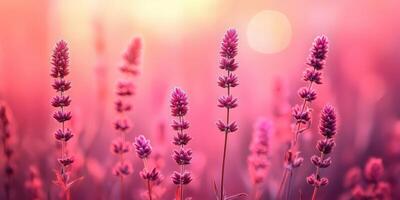 Blossoming Lavender Field. Pink Flowers in Soft Focus with Evening Light photo