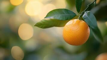 Bright Orange Kumquat Close Up Hanging on Tree Branch with Green Leaves on Bokeh Background. photo