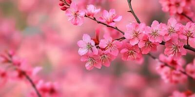 Blossoming Spring. Delicate Pink Flowers on Branch with Gentle Pink Background photo