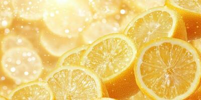 Sliced Lemons Composition on Golden Bokeh Background. Citrus Freshness and Summer Vibes photo