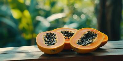Sliced Papaya Fruit Display. Fresh Papaya Seeds and Tropical Orange Pulp Still Life Scene photo