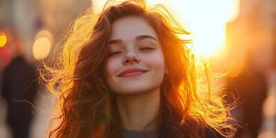 Smiling Woman in Golden Sunset Light. Portrait of Radiant Beauty and Peace photo