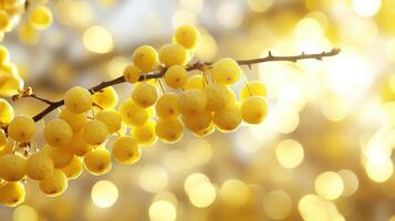 Golden Berries Branch. Beautiful Closeup of Yellow Fruits and Golden Light Festive Bokeh Background photo