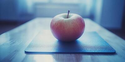 Sweet Apple on Board. Crisp Fruit Still Life in Gentle Lighting, capturing healthy eating concept. photo