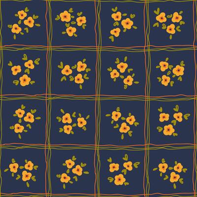 Preppy bouquet on checkered background. Coquette flowers trellis seamless Gingham pattern