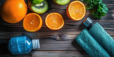 Fresh Start. Orange, Kiwi, Water Bottle and Towel for Healthy Workout Routine photo