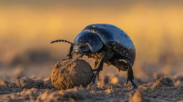 Black beetle rolls small ball of earth across field. Tiny insect working hard. Sunny background behind bug. Close up view of beetle on soil. photo