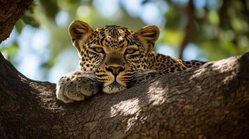 Leopard rests in tree. Cat with spotted fur. Wild animal rests its head. Branches and leaves backdrop. Wildlife photography. photo