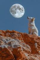 White dog sits on red rocks looking up at the moon in the night sky. Dreamy landscape. photo