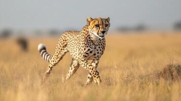 Cheetah running fast through dry grass. Big cat hunting in nature. Wild animal sprinting in golden field. African wildlife with spots. photo