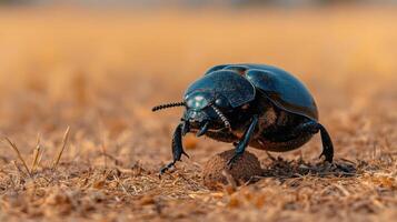 Black beetle rolls small ball. Shiny insect walks in the field. Animal carries its food. Wild bug moving on grass. Nature life closeup photo