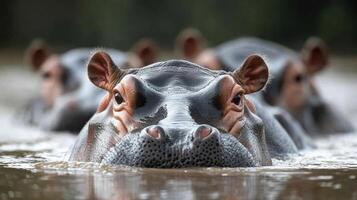 Hippopotamus group swims in the water. Close up view of their heads and faces. Wildlife animal in a natural environment. Aquatic mammals relaxing. photo