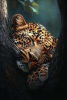 Leopard animal portrait. Spotted wild cat is sleeping in the tree. Close up of feline resting with eyes closed. Wildlife scene and nature background. photo