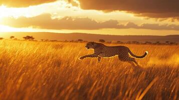 Cheetah running fast in tall grass at sunset. Golden light shines on African savanna. Wild cat hunting in nature. Animal in motion. photo