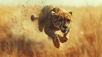 Cheetah runs fast in tall grass. Wild animal sprinting. Big cat in action. African wildlife predator hunting prey. Speed concept. photo