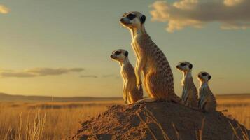 Meerkats group standing on sand mound. Animals looking out over dry grass field under golden sunset sky. Wildlife watching. Cute creature family portrait. photo