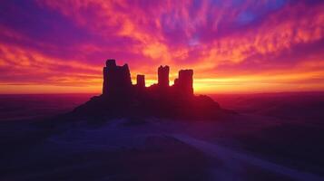 Old castle ruins stand against a bright sunset sky. Desert landscape with colorful clouds above. Ancient architecture silhouette glows at dusk. photo