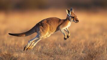 Kangaroo leaps over dry grass. Animal is brown. Wildlife scene in a field. Mammal moves in nature. photo