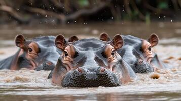 Hippos in river water. Group of hippopotamus swimming. Wild animals. Close view of heads. Nature and wildlife photography. photo