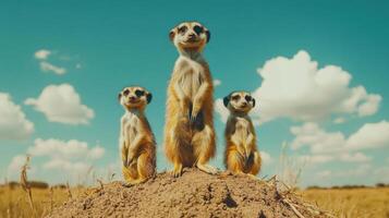 Three meerkats stand on dirt. Animals watch. Blue sky with white clouds. Savannah landscape. Sunny day. Wildlife observation. photo