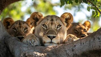 Lions Resting in Tree. Group of lions. Animals relaxing. Big cats. African wildlife. Predators. Wildlife photography. Focus on front lion. photo