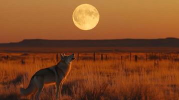 Wild canine howling at bright moon. Open field with tall grass. Orange sky and distant hills. Night wildlife. Peaceful scene. photo