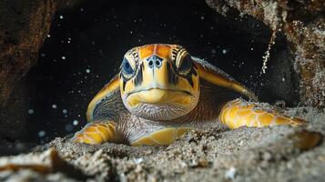 Sea turtle resting on sand. Animal underwater looking. Turtle swimming in ocean. Marine reptile close up view near reef. Wildlife nature photo. photo
