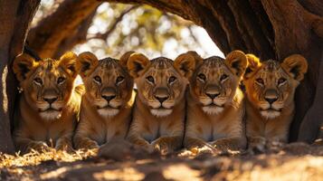 Lion cubs rest under tree. Group of young lions lie together. Animal family resting. Wild feline cubs in shade. Wildlife scene. photo